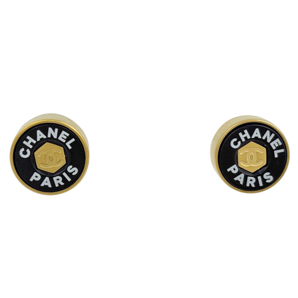 Chanel earrings, Coco Mark, round, GP gold, black, women's.